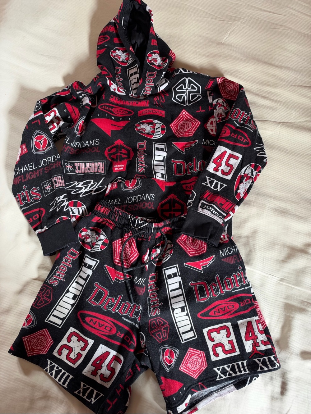 Jordan Black and Red Logo-Print Hoodie & Shorts Set